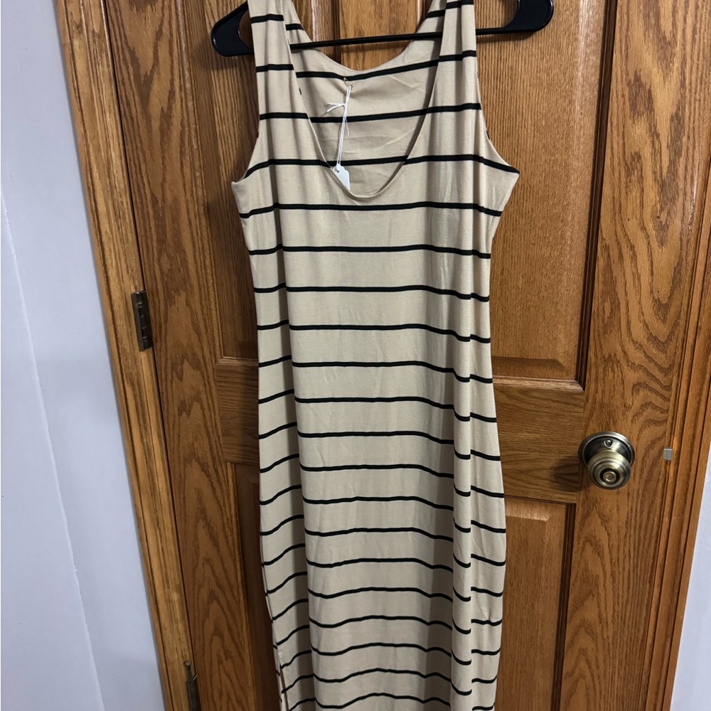 Striped Tan and Black Sleeveless Dress